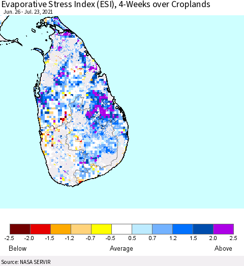 Sri Lanka Evaporative Stress Index (ESI), 4-Weeks over Croplands Thematic Map For 7/19/2021 - 7/25/2021