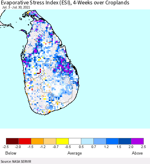 Sri Lanka Evaporative Stress Index (ESI), 4-Weeks over Croplands Thematic Map For 7/26/2021 - 8/1/2021