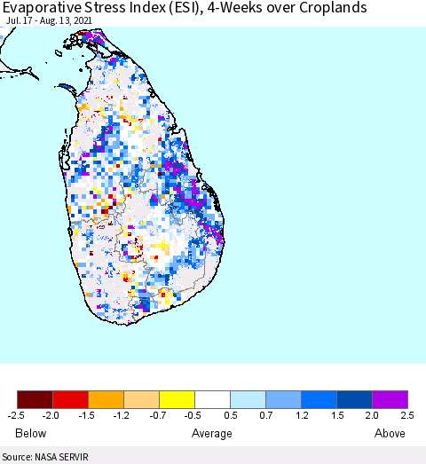 Sri Lanka Evaporative Stress Index (ESI), 4-Weeks over Croplands Thematic Map For 8/9/2021 - 8/15/2021