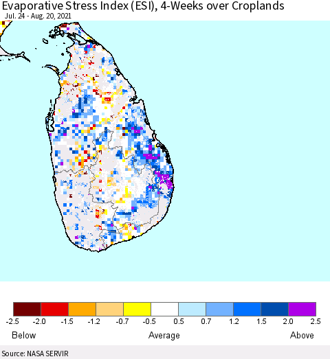 Sri Lanka Evaporative Stress Index (ESI), 4-Weeks over Croplands Thematic Map For 8/16/2021 - 8/22/2021