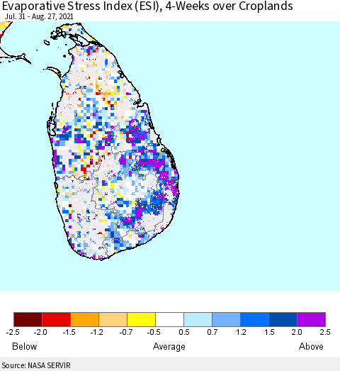 Sri Lanka Evaporative Stress Index (ESI), 4-Weeks over Croplands Thematic Map For 8/23/2021 - 8/29/2021