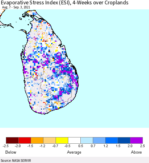 Sri Lanka Evaporative Stress Index (ESI), 4-Weeks over Croplands Thematic Map For 8/30/2021 - 9/5/2021