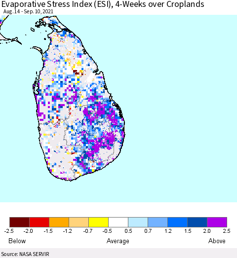 Sri Lanka Evaporative Stress Index (ESI), 4-Weeks over Croplands Thematic Map For 9/6/2021 - 9/12/2021