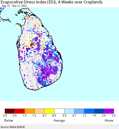 Sri Lanka Evaporative Stress Index (ESI), 4-Weeks over Croplands Thematic Map For 9/13/2021 - 9/19/2021