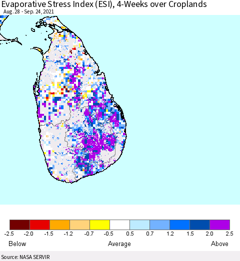 Sri Lanka Evaporative Stress Index (ESI), 4-Weeks over Croplands Thematic Map For 9/20/2021 - 9/26/2021