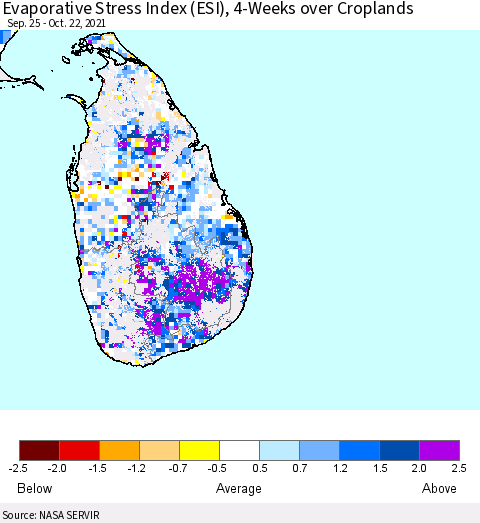 Sri Lanka Evaporative Stress Index (ESI), 4-Weeks over Croplands Thematic Map For 10/18/2021 - 10/24/2021