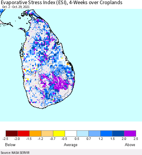 Sri Lanka Evaporative Stress Index (ESI), 4-Weeks over Croplands Thematic Map For 10/25/2021 - 10/31/2021