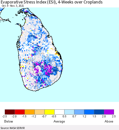 Sri Lanka Evaporative Stress Index (ESI), 4-Weeks over Croplands Thematic Map For 11/1/2021 - 11/7/2021