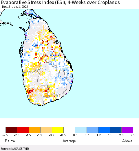 Sri Lanka Evaporative Stress Index (ESI), 4-Weeks over Croplands Thematic Map For 12/27/2021 - 1/2/2022