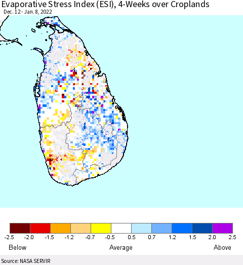 Sri Lanka Evaporative Stress Index (ESI), 4-Weeks over Croplands Thematic Map For 1/3/2022 - 1/9/2022