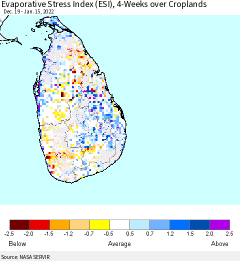 Sri Lanka Evaporative Stress Index (ESI), 4-Weeks over Croplands Thematic Map For 1/10/2022 - 1/16/2022