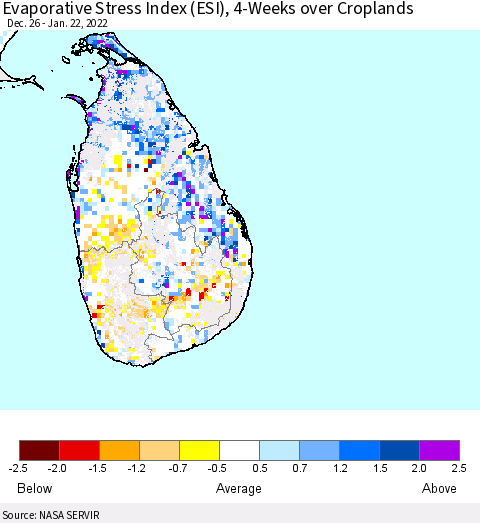 Sri Lanka Evaporative Stress Index (ESI), 4-Weeks over Croplands Thematic Map For 1/17/2022 - 1/23/2022