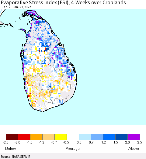 Sri Lanka Evaporative Stress Index (ESI), 4-Weeks over Croplands Thematic Map For 1/24/2022 - 1/30/2022
