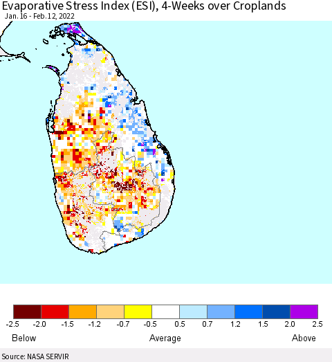 Sri Lanka Evaporative Stress Index (ESI), 4-Weeks over Croplands Thematic Map For 2/7/2022 - 2/13/2022