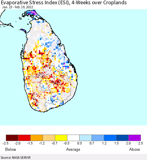 Sri Lanka Evaporative Stress Index (ESI), 4-Weeks over Croplands Thematic Map For 2/14/2022 - 2/20/2022