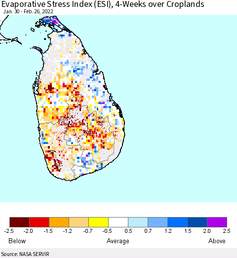 Sri Lanka Evaporative Stress Index (ESI), 4-Weeks over Croplands Thematic Map For 2/21/2022 - 2/27/2022