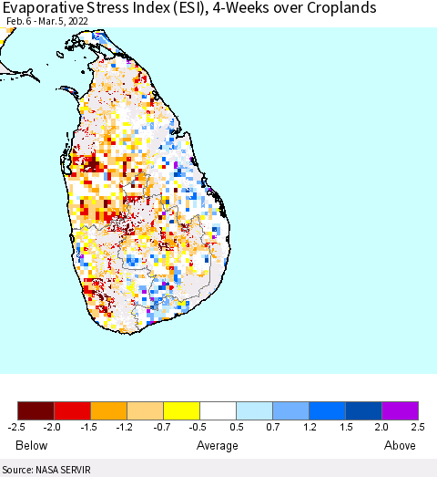 Sri Lanka Evaporative Stress Index (ESI), 4-Weeks over Croplands Thematic Map For 2/28/2022 - 3/6/2022