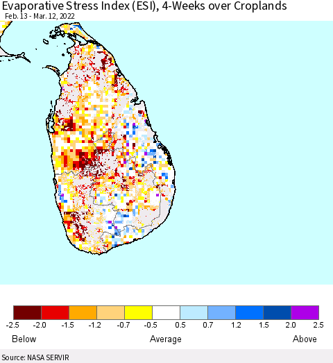 Sri Lanka Evaporative Stress Index (ESI), 4-Weeks over Croplands Thematic Map For 3/7/2022 - 3/13/2022