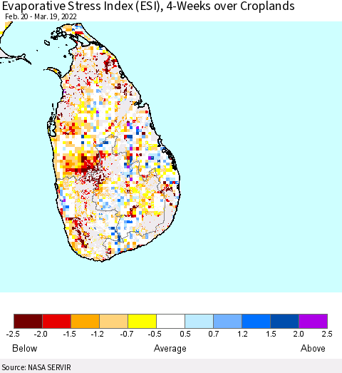 Sri Lanka Evaporative Stress Index (ESI), 4-Weeks over Croplands Thematic Map For 3/14/2022 - 3/20/2022