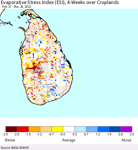 Sri Lanka Evaporative Stress Index (ESI), 4-Weeks over Croplands Thematic Map For 3/21/2022 - 3/27/2022