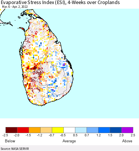 Sri Lanka Evaporative Stress Index (ESI), 4-Weeks over Croplands Thematic Map For 3/28/2022 - 4/3/2022