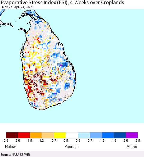Sri Lanka Evaporative Stress Index (ESI), 4-Weeks over Croplands Thematic Map For 4/18/2022 - 4/24/2022