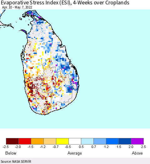 Sri Lanka Evaporative Stress Index (ESI), 4-Weeks over Croplands Thematic Map For 5/2/2022 - 5/8/2022