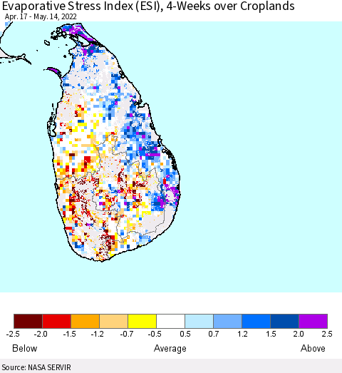 Sri Lanka Evaporative Stress Index (ESI), 4-Weeks over Croplands Thematic Map For 5/9/2022 - 5/15/2022