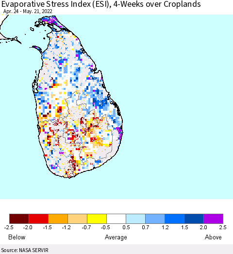 Sri Lanka Evaporative Stress Index (ESI), 4-Weeks over Croplands Thematic Map For 5/16/2022 - 5/22/2022