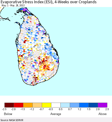 Sri Lanka Evaporative Stress Index (ESI), 4-Weeks over Croplands Thematic Map For 5/23/2022 - 5/29/2022