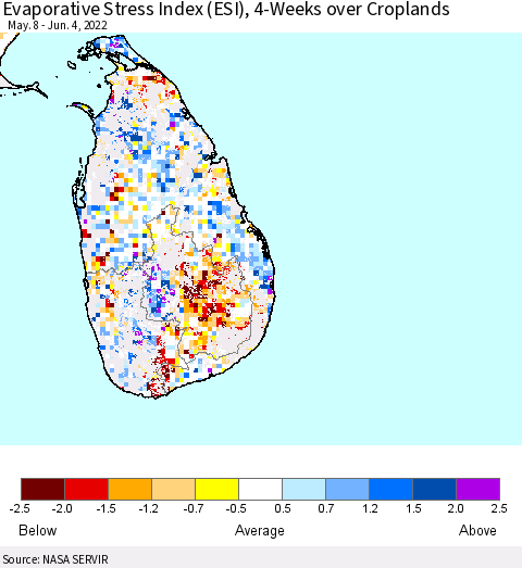 Sri Lanka Evaporative Stress Index (ESI), 4-Weeks over Croplands Thematic Map For 5/30/2022 - 6/5/2022