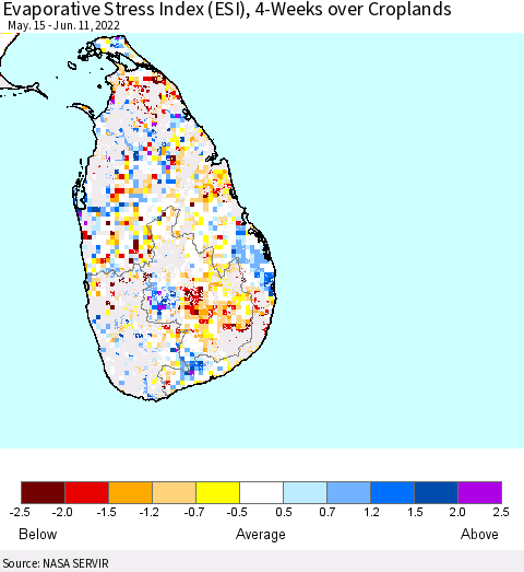Sri Lanka Evaporative Stress Index (ESI), 4-Weeks over Croplands Thematic Map For 6/6/2022 - 6/12/2022