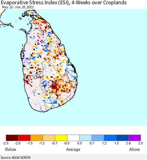 Sri Lanka Evaporative Stress Index (ESI), 4-Weeks over Croplands Thematic Map For 6/13/2022 - 6/19/2022