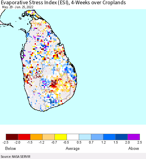Sri Lanka Evaporative Stress Index (ESI), 4-Weeks over Croplands Thematic Map For 6/20/2022 - 6/26/2022