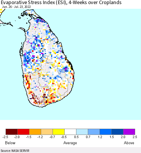 Sri Lanka Evaporative Stress Index (ESI), 4-Weeks over Croplands Thematic Map For 7/18/2022 - 7/24/2022