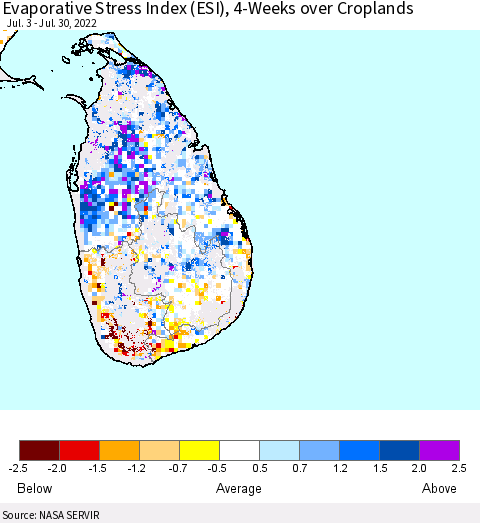 Sri Lanka Evaporative Stress Index (ESI), 4-Weeks over Croplands Thematic Map For 7/25/2022 - 7/31/2022