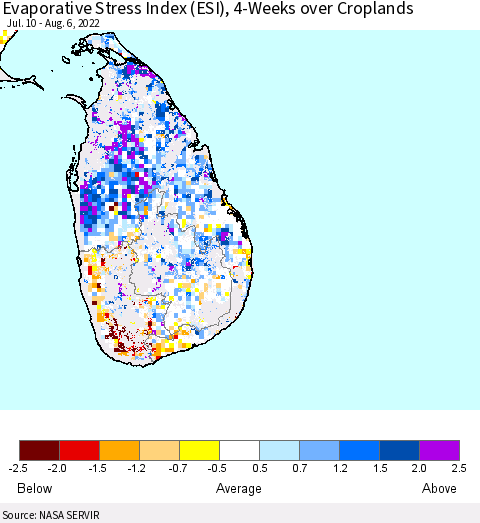 Sri Lanka Evaporative Stress Index (ESI), 4-Weeks over Croplands Thematic Map For 8/1/2022 - 8/7/2022