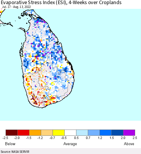 Sri Lanka Evaporative Stress Index (ESI), 4-Weeks over Croplands Thematic Map For 8/8/2022 - 8/14/2022