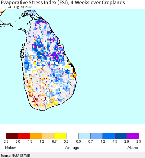Sri Lanka Evaporative Stress Index (ESI), 4-Weeks over Croplands Thematic Map For 8/15/2022 - 8/21/2022