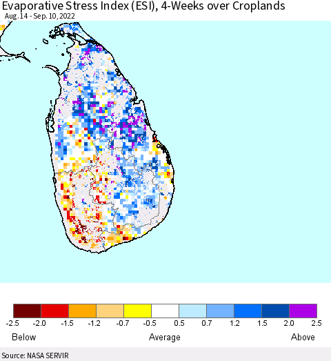 Sri Lanka Evaporative Stress Index (ESI), 4-Weeks over Croplands Thematic Map For 9/5/2022 - 9/11/2022