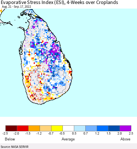 Sri Lanka Evaporative Stress Index (ESI), 4-Weeks over Croplands Thematic Map For 9/12/2022 - 9/18/2022