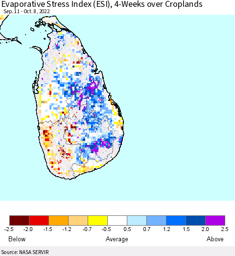 Sri Lanka Evaporative Stress Index (ESI), 4-Weeks over Croplands Thematic Map For 10/3/2022 - 10/9/2022