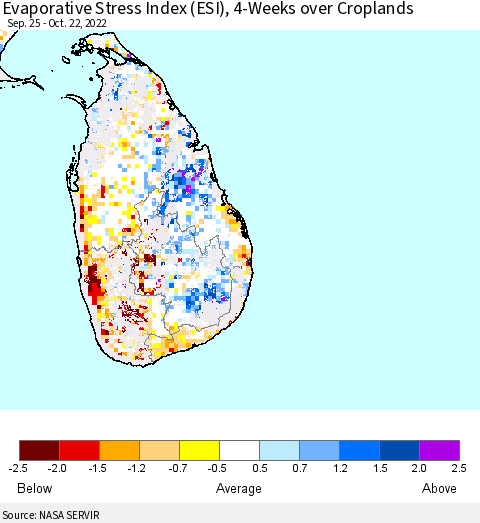 Sri Lanka Evaporative Stress Index (ESI), 4-Weeks over Croplands Thematic Map For 10/17/2022 - 10/23/2022