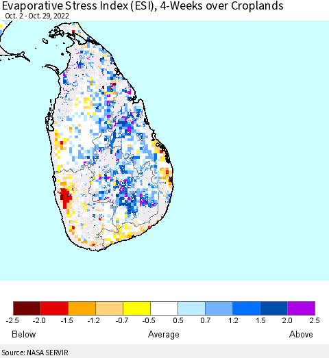 Sri Lanka Evaporative Stress Index (ESI), 4-Weeks over Croplands Thematic Map For 10/24/2022 - 10/30/2022