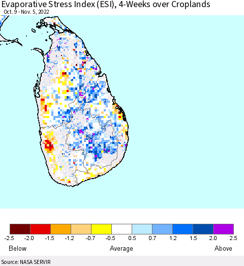 Sri Lanka Evaporative Stress Index (ESI), 4-Weeks over Croplands Thematic Map For 10/31/2022 - 11/6/2022