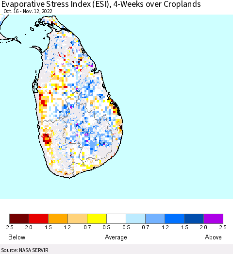 Sri Lanka Evaporative Stress Index (ESI), 4-Weeks over Croplands Thematic Map For 11/7/2022 - 11/13/2022