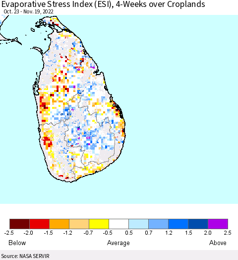 Sri Lanka Evaporative Stress Index (ESI), 4-Weeks over Croplands Thematic Map For 11/14/2022 - 11/20/2022