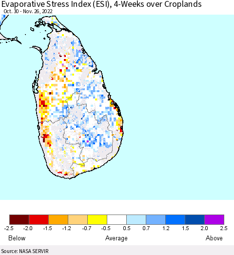 Sri Lanka Evaporative Stress Index (ESI), 4-Weeks over Croplands Thematic Map For 11/21/2022 - 11/27/2022