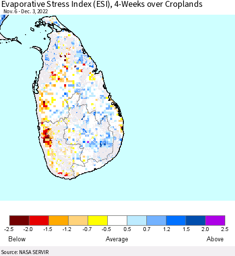 Sri Lanka Evaporative Stress Index (ESI), 4-Weeks over Croplands Thematic Map For 11/28/2022 - 12/4/2022