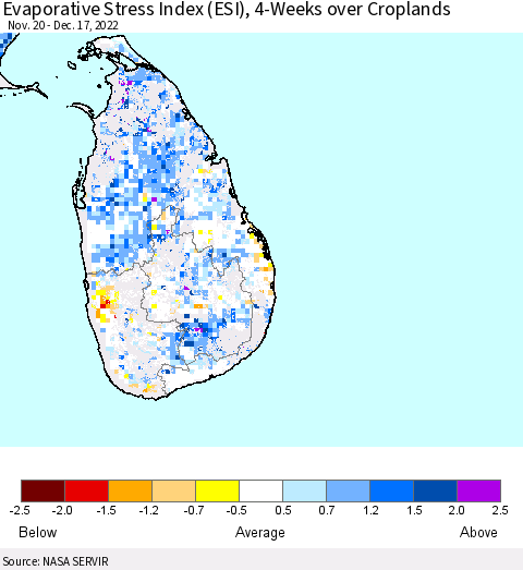 Sri Lanka Evaporative Stress Index (ESI), 4-Weeks over Croplands Thematic Map For 12/12/2022 - 12/18/2022